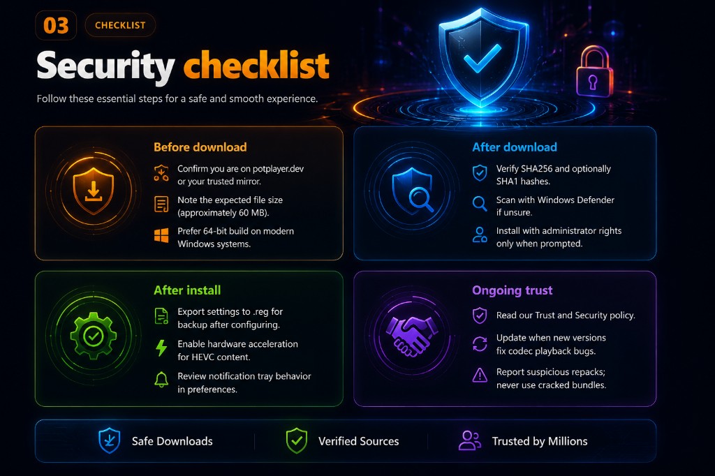 Security checklist covering steps before download, after download, after install, and ongoing trust