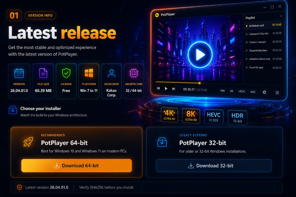 Release panel listing the latest PotPlayer build with 64-bit and 32-bit installer choices