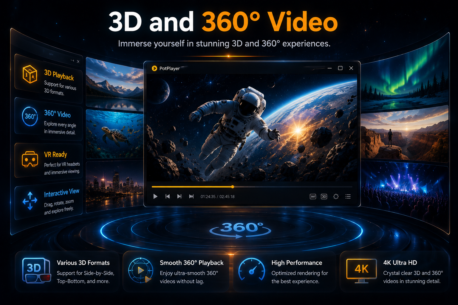 Preview frame of PotPlayer spatial mode for 3D and full-sphere 360-degree video