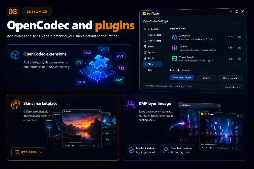OpenCodec plugin manager and skin marketplace for extending PotPlayer capabilities