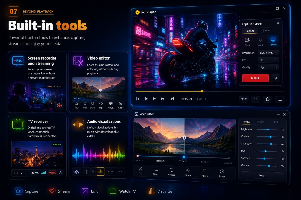 Built-in recorder, trimmer, and capture utilities exposed in the PotPlayer toolbox
