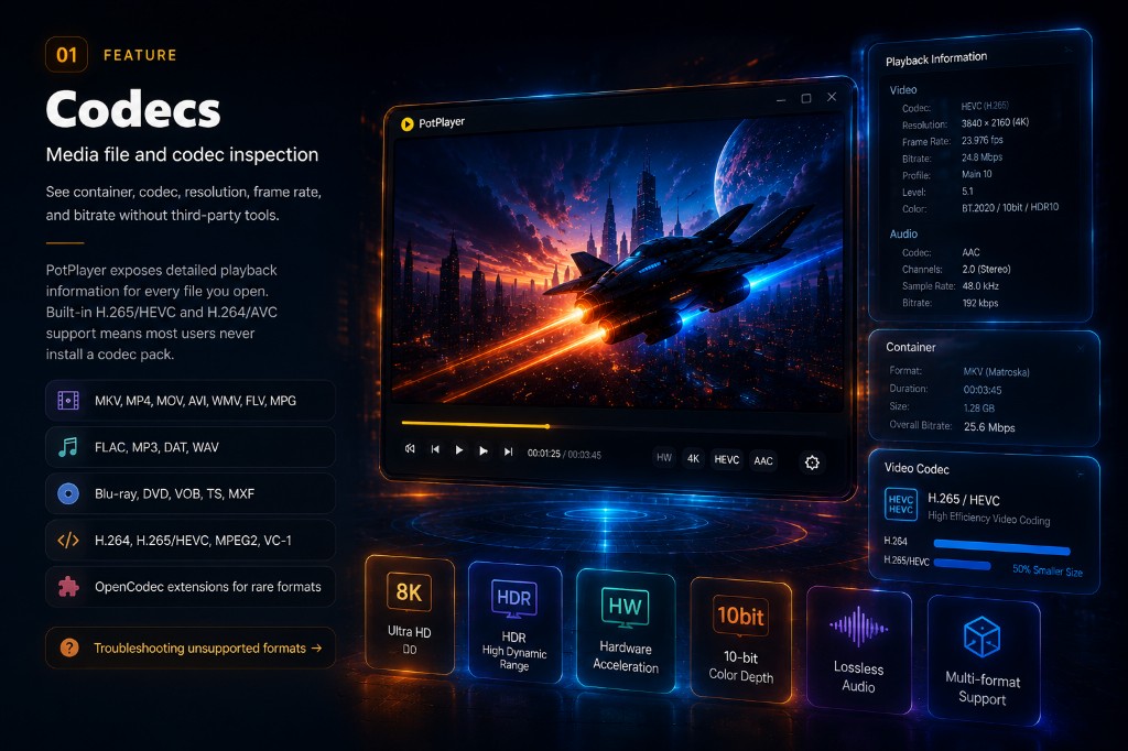 Codec inspection view with playback info panels and supported format indicators