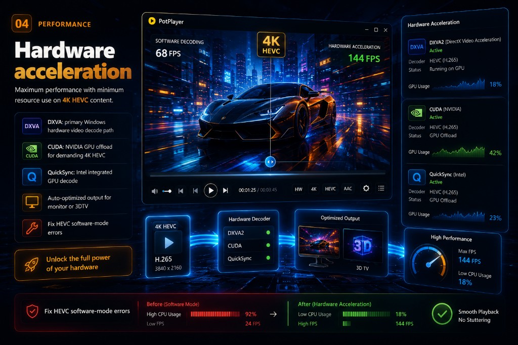 Hardware acceleration comparison chart for DXVA, CUDA, and QuickSync decode paths