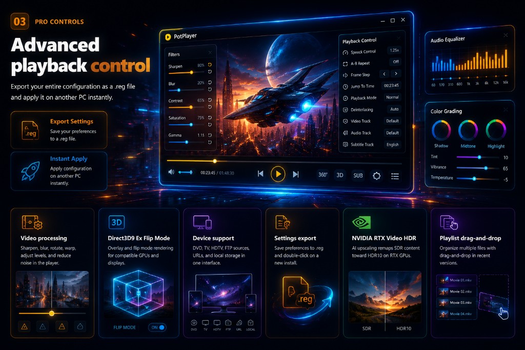 Advanced controls panel showing filters, equalizer, and color grading options