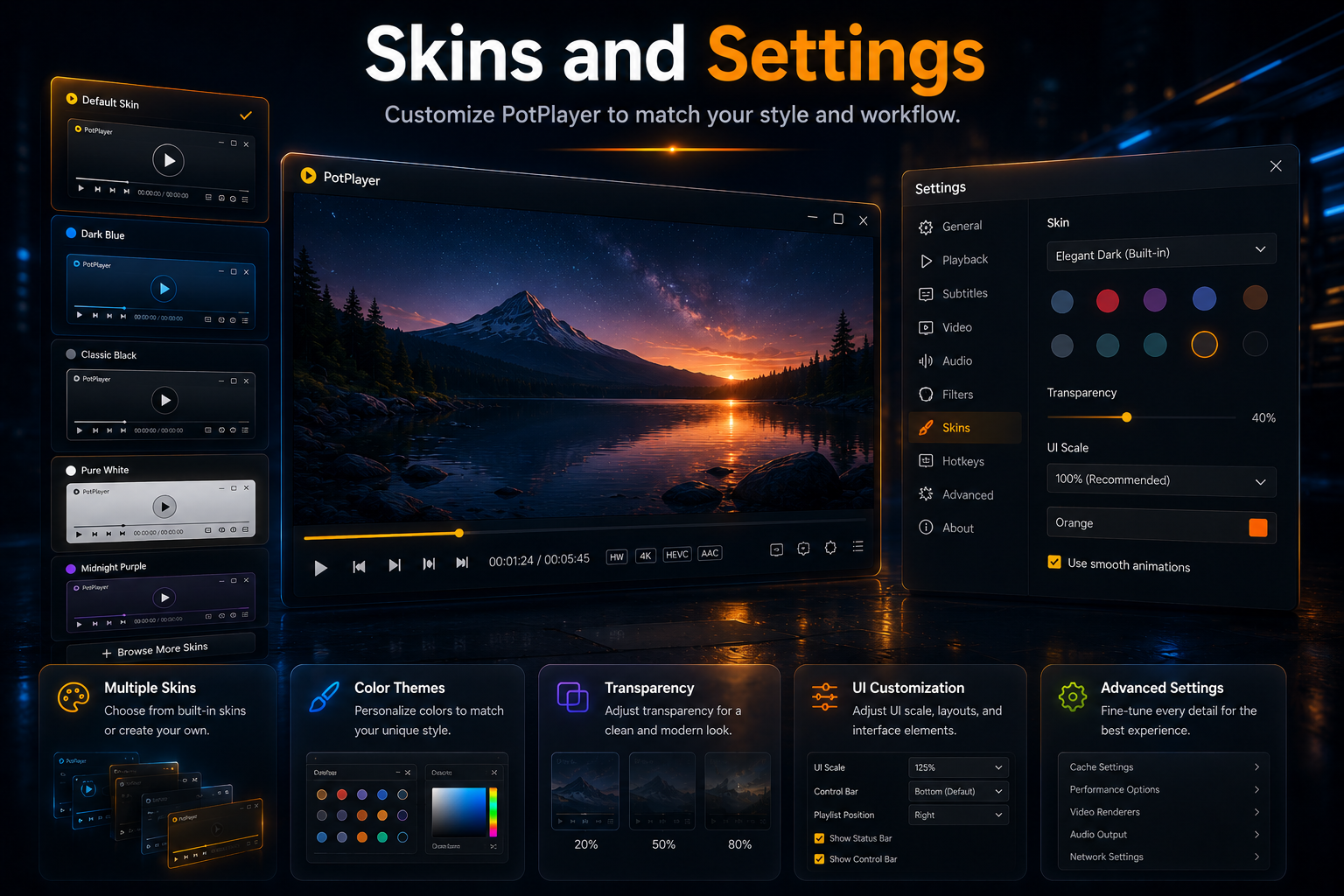 Skins and preferences screen with theme presets and exported .reg configuration profiles