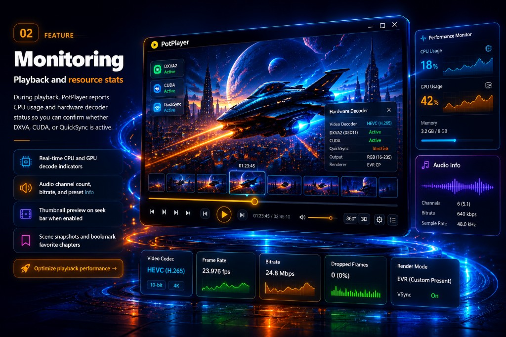 Monitoring panel with CPU and GPU graphs plus live playback statistics