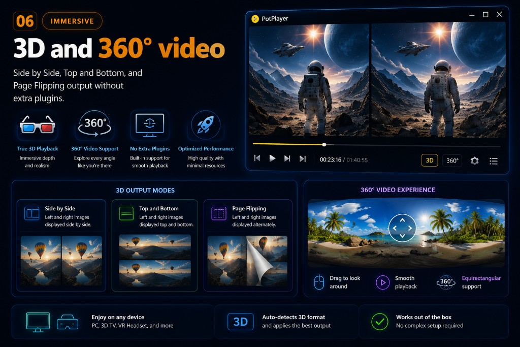 Immersive playback modes for 3D and 360-degree video content inside PotPlayer