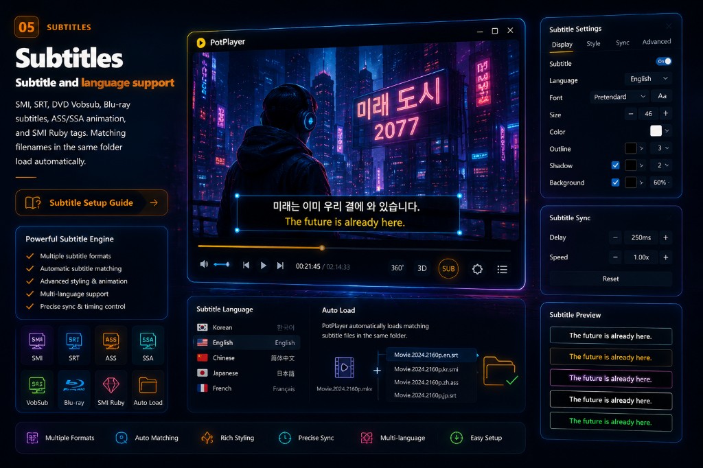 Subtitle styling interface with sync sliders and multi-language caption support