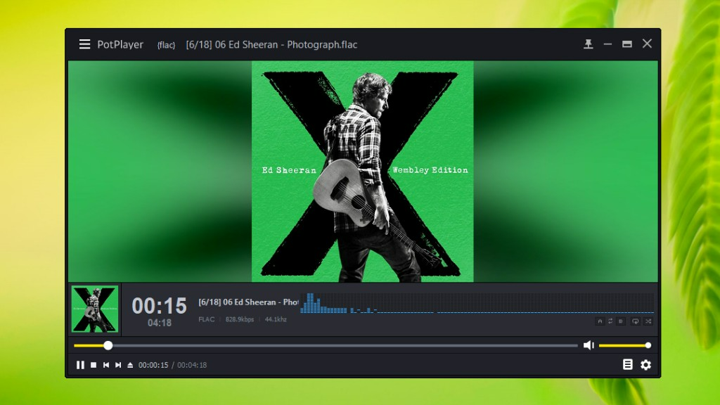 Walkthrough screenshot of FLAC audio playback with album art and spectrum visualizer