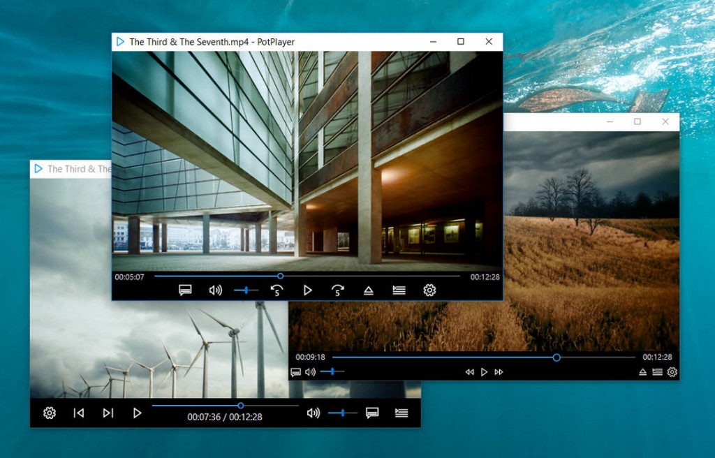 Several PotPlayer windows arranged for cinematic multi-stream viewing